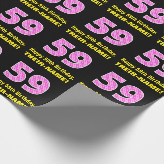 59e verjaardag: roze strepen en harten "59" + naam cadeaupapier (Hoek)