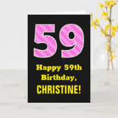 59e verjaardag: roze strepen en harten "59" + naam kaart (Gele Bloem)