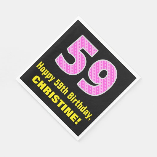 59e verjaardag: roze strepen en harten "59" + naam servet (Hoek)