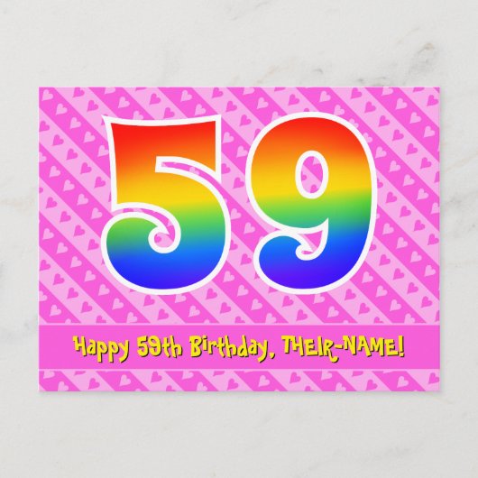59e verjaardag: roze strepen en harten, regenboog  briefkaart (Voorkant)