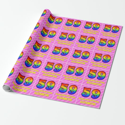 59e verjaardag: Roze strips & harten, regenboognr. Cadeaupapier (Uitgerold)