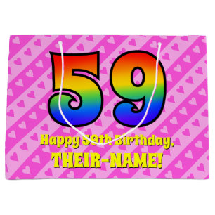 59e verjaardag: Roze strips & harten, regenboognr. Groot Cadeauzakje