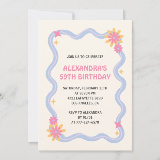 59e verjaardag uitnodiging Retro Groovy Pink Flowe (Voorkant)