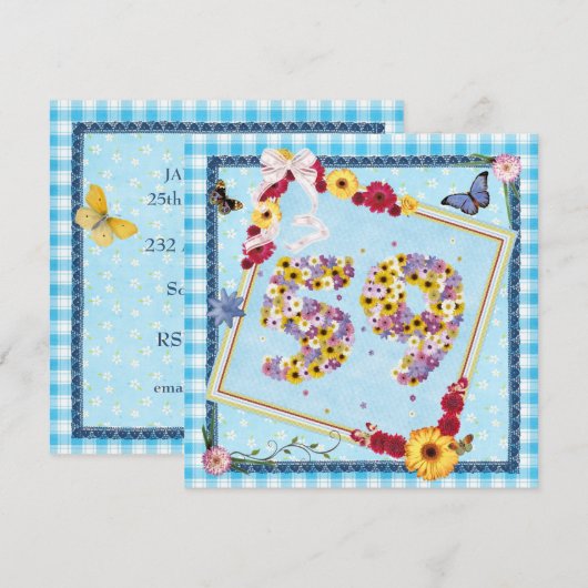 59e verjaardag Uitnodigingsbloemen, vlinders Kaart (Voorkant / Achterkant)