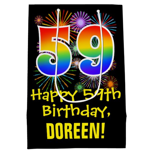 59e verjaardag: Vuurwerk Fun Pattern + Regenboog 5 Medium Cadeauzakje (Achterkant)