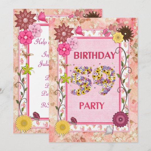 59e verjaardagsfeestje met bloemenfeest lijst kaart (Voorkant / Achterkant)