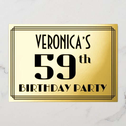 59ste verjaardag: Art Deco Kijk "59" en naam Folie Uitnodiging (Voorkant)