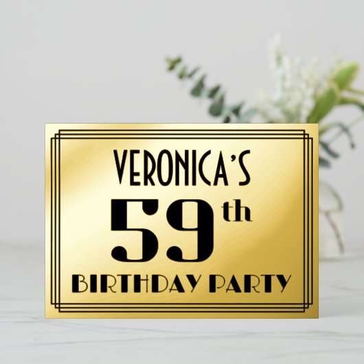 59ste verjaardag: Art Deco Kijk "59" en naam Folie Uitnodiging (Staand Voorkant)