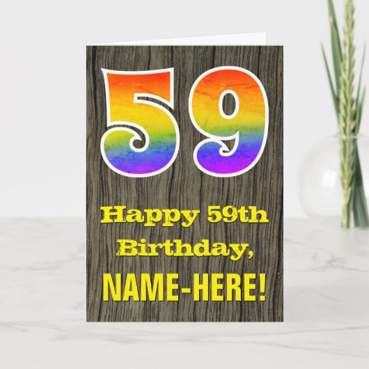 59ste verjaardag: Rustic Faux Wood Kijk, regenboog Kaart (Voorkant)