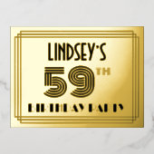 59th Birthday Party ~ Art Deco Style “59” + Name Folie Uitnodiging Briefkaart (Voorkant)