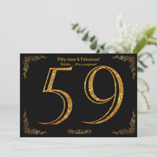 59th Birthday party, Gatsby styl, zwarte goudglitt Kaart (Staand voorkant)