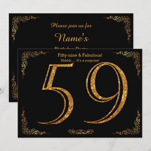 59th Birthday party, Gatsby styl, zwarte goudglitt Kaart (Voorkant / Achterkant)