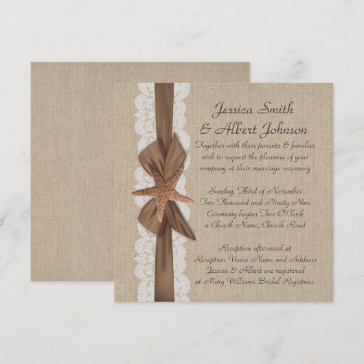 5.25 "x 5.25" Elegant Burlap Lint Zeesterren Uitno Kaart (Voorkant / Achterkant)