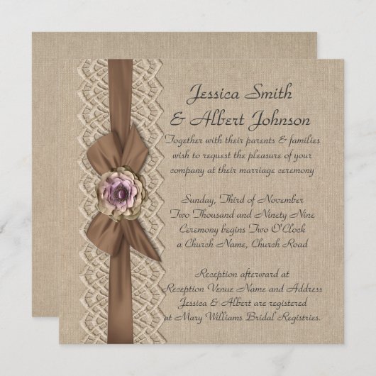 5.25 "x 5.25" Romantisch Kant Bloemen Burlap Lint Kaart (Voorkant / Achterkant)