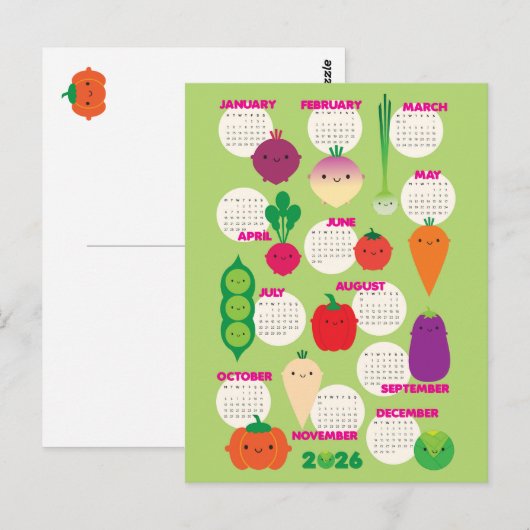 5 A Day Kawaii Groenten 2026 Kalender Briefkaart (Voorkant / Achterkant)