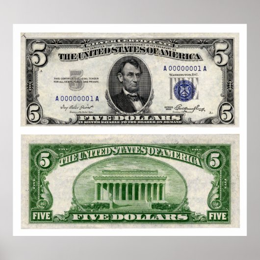 $5 Bankbiljet, Silver Certificate, serie van 1953 Poster (Voorkant)