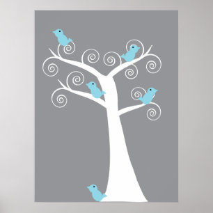 5 Blauwe Vogels in een Boom (Grijze Achtergrond) P Poster