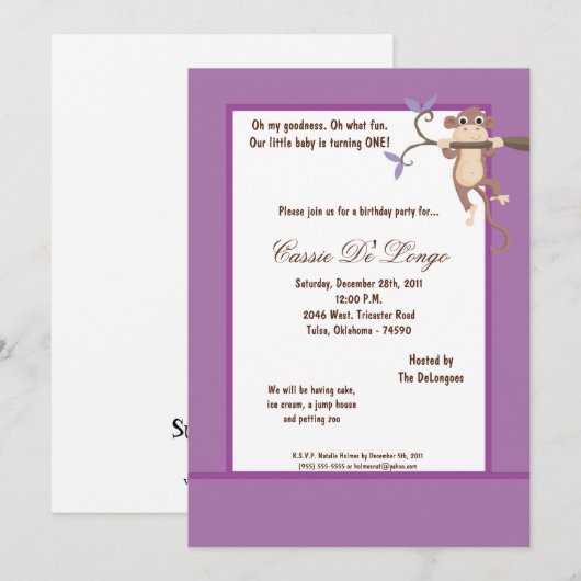 5 dagen per week7 Paarse apenwedstrijd uitnodigen Kaart (Voorkant / Achterkant)