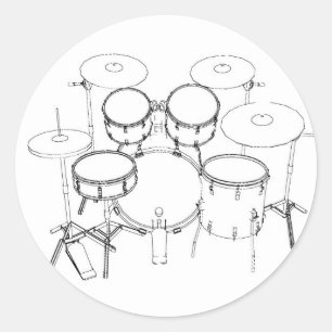 5-delig drumstel: tekening in zwart & wit: ronde sticker