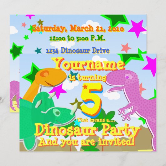 5 Dinosaur Birthday Party uitnodigingen (Voorkant / Achterkant)