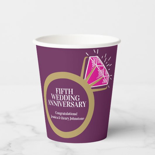 5 ^ e huwelijksdag roze ring leuke feiten aan papieren bekers (Voorkant)
