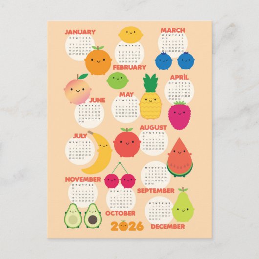 5 Een Dag Kawaii Fruit 2026 Kalender Briefkaart (Voorkant)
