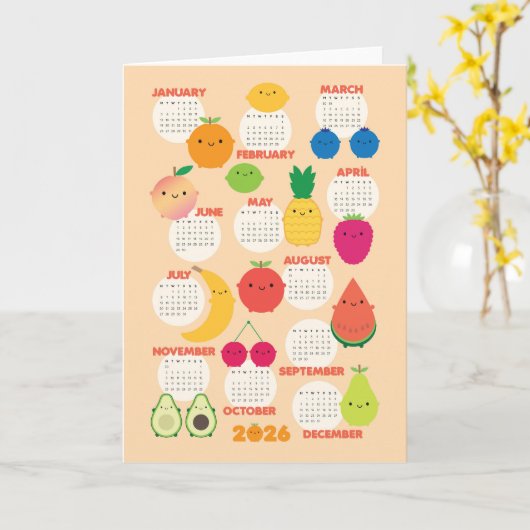 5 Een Dag Kawaii Fruit 2026 Kalender Kaart (Gele Bloem)
