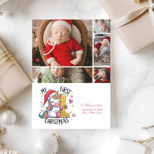 5 Foto 1e Baby Kerst Roze Gouden Eenhoorn Feestdagenkaart