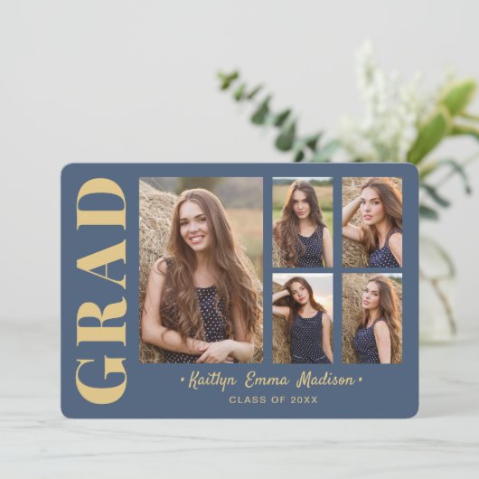 5 Foto Afstudeerder Collage Modern Script Blue en  Aankondiging (Staand voorkant)