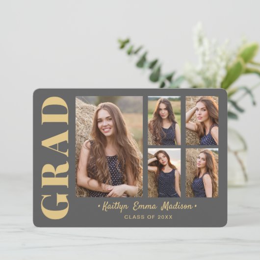 5 Foto Afstudeerder Collage Modern Script Grey and Aankondiging (Staand voorkant)