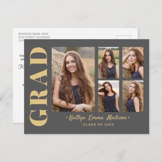 5 Foto Afstudeerder Collage Modern Script Grey and Briefkaart (Voorkant / Achterkant)