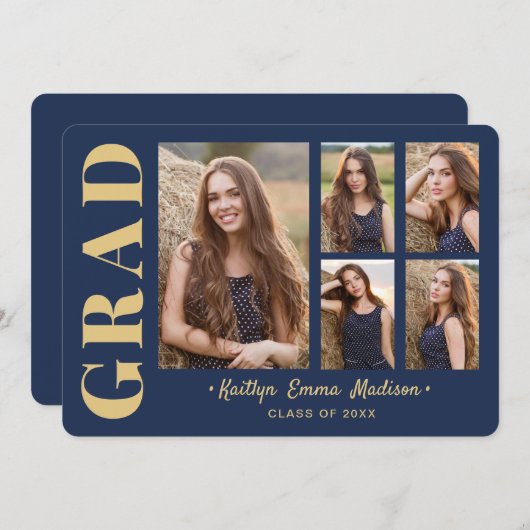 5 Foto Afstudeerder Collage Modern Script Navy Blu Aankondiging (Voorkant / Achterkant)