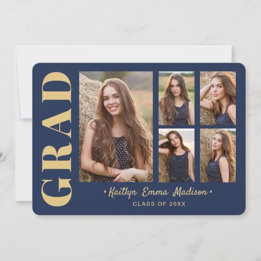 5 Foto Afstudeerder Collage Modern Script Navy Blu Aankondiging (Voorkant)