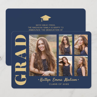 5 Foto Afstudeerder Collage Modern Script Navy Blu Aankondiging