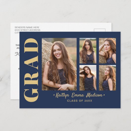 5 Foto Afstudeerder Collage Modern Script Navy Blu Briefkaart (Voorkant / Achterkant)