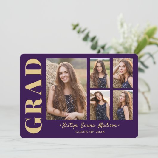 5 Foto Afstudeerder Collage Modern Script Paars en Aankondiging (Staand voorkant)
