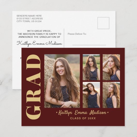 5 Foto Afstudeerder Collage Modern Script Red en G Briefkaart (Voorkant / Achterkant)