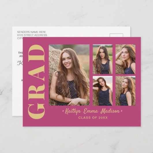 5 Foto Afstudeerder Collage Modern Script Roze en Briefkaart (Voorkant / Achterkant)