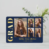 5 Foto Afstudeerder Collage Navy Blue & Gold Foil  Folie Uitnodiging (Staand Voorkant)