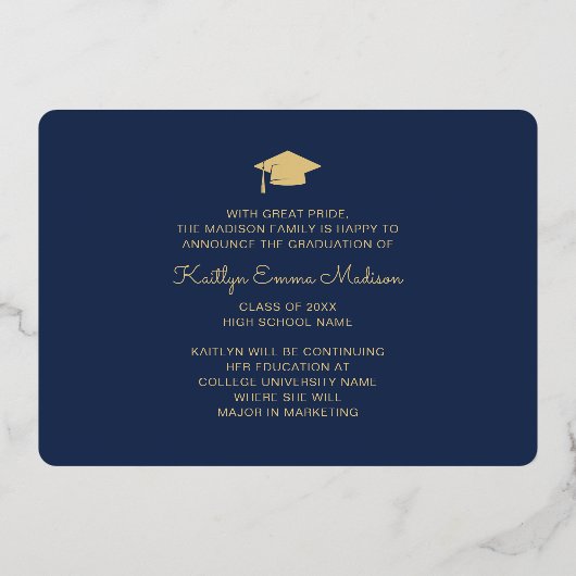 5 Foto Afstudeerder Collage Navy Blue & Gold Foil  Folie Uitnodiging (Achterkant)