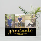 5 Foto Afstudeerfeest Modern Script Goud Folie Uitnodiging (Staand Voorkant)