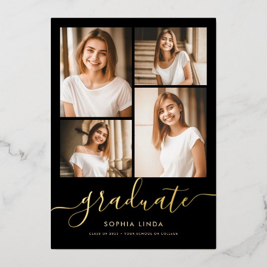 5 Foto Afstuderen Collage Elegant Black & Gold Folie Uitnodiging (Voorkant)