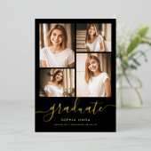 5 Foto Afstuderen Collage Elegant Black & Gold Folie Uitnodiging (Staand Voorkant)