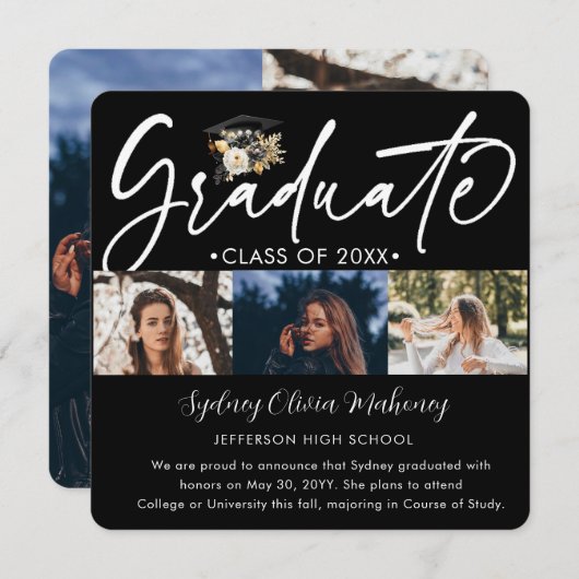 5 Foto Afstuderen Collage Modern Zwart Wit Goud Aankondiging (Voorkant / Achterkant)