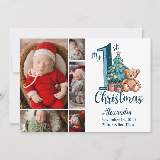 5 Foto Blauwe Teddybeer Baby 1e Kerstmis Feestdagenkaart (Voorkant)