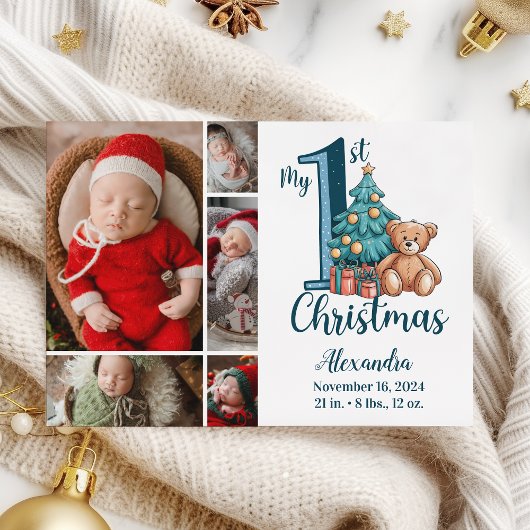 5 Foto Blauwe Teddybeer Baby 1e Kerstmis Feestdagenkaart