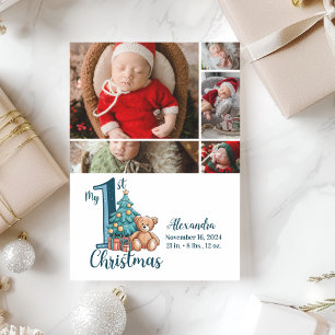 5 Foto Blue Teddy Baby 1st Christmas Feestdagenkaart