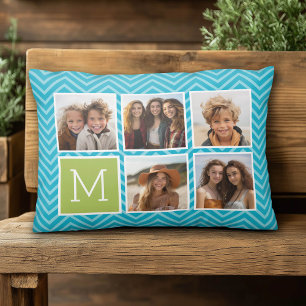 5 Foto Collage - Aqua Blauw en Lime Monogram Decoratief Kussen