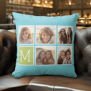 5 Foto Collage - Aqua Blauw en Lime Monogram Kussen