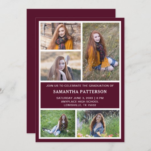 5 foto collage bordeauxrood & wit afstuderen kaart (Voorkant / Achterkant)